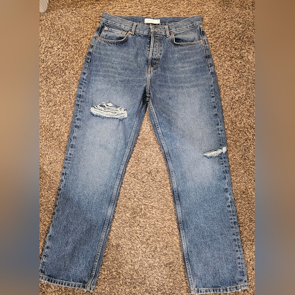 Topshop Denim - TOP SHOP WOMEN'S DAD STRAIGHT LEG BUTTON FLY JEANS. Size 10. Med wash w/distress